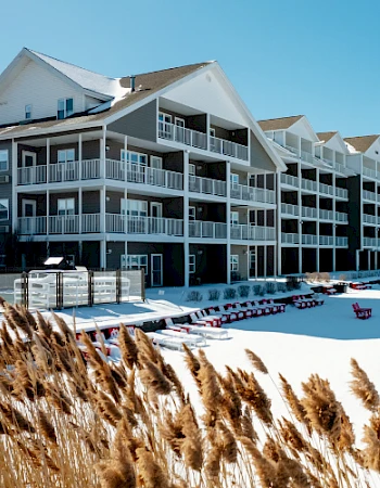 Snow-covered beach with a multi-story condo building, wicker chairs on the shore, and tall reeds in the foreground under a clear blue sky.
