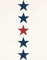 A vertical column of five stars: blue stars at top, alternating with a red star in the middle, all on a light background.