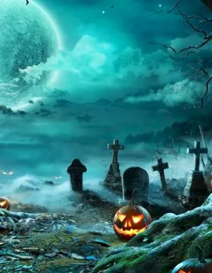 A spooky Halloween graveyard with jack-o’-lanterns, crooked crosses, and flying bats under a glowing teal moon.