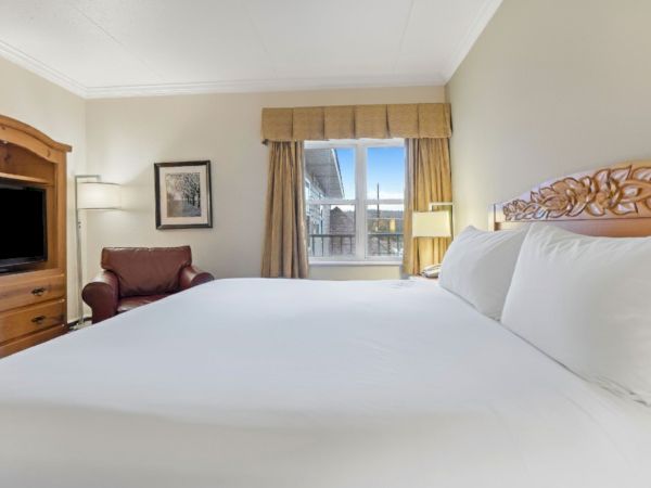 A bright hotel room features a large bed, TV on a wooden cabinet, armchair, lamp, framed picture, window with view, and nightstand with a lamp.