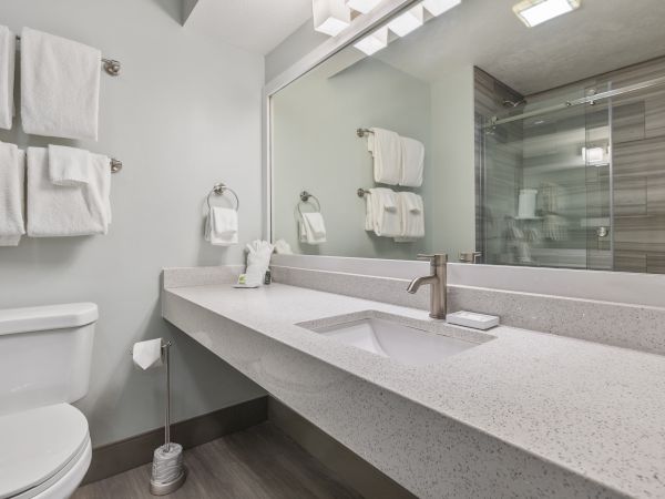 The image shows a modern bathroom with a large mirror, a countertop sink, a toilet, and towels neatly hung on the wall and a towel ring.