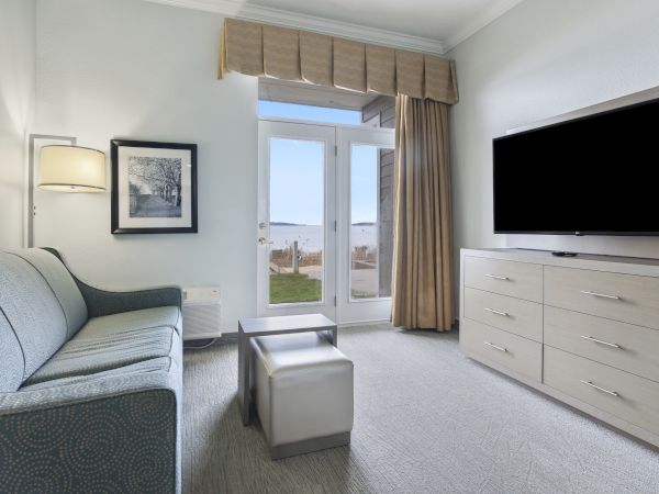 A modern, clean living room with a sofa, TV, and dresser, featuring a door and a window with a view of an outdoor scene.