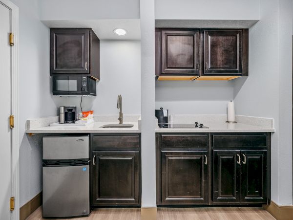 A compact kitchenette with dark cabinets, a sink, a microwave, a mini-fridge, and a two-burner stove. There is also a coffee maker and a paper towel holder.
