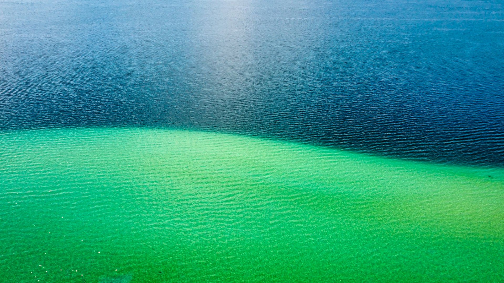 The image shows a body of water with a gradient color transition from deep blue at the top to bright green at the bottom, creating a striking contrast.