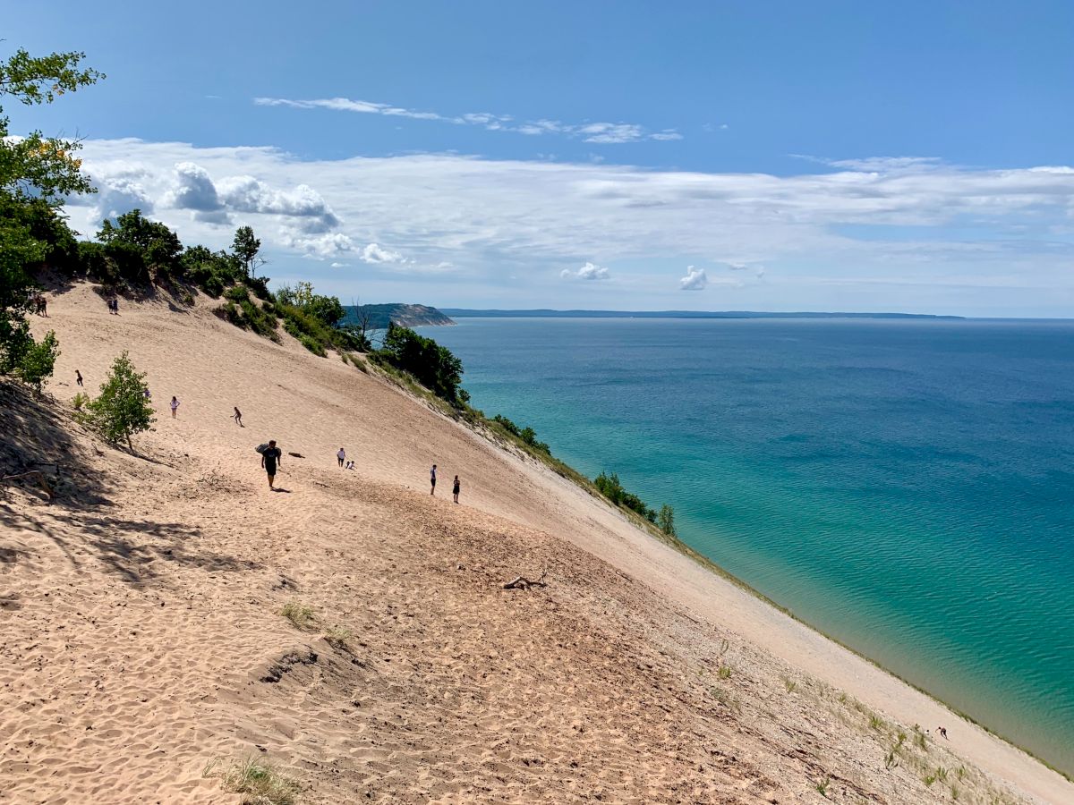 People are walking on a large sandy dune next to a blue body of water, with the sky partly cloudy and trees on the higher ground.