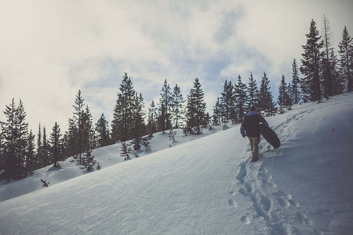 A person is trekking up a snowy hill carrying a snowboard, leaving a trail of footprints, with pine trees in the background and a cloudy sky.