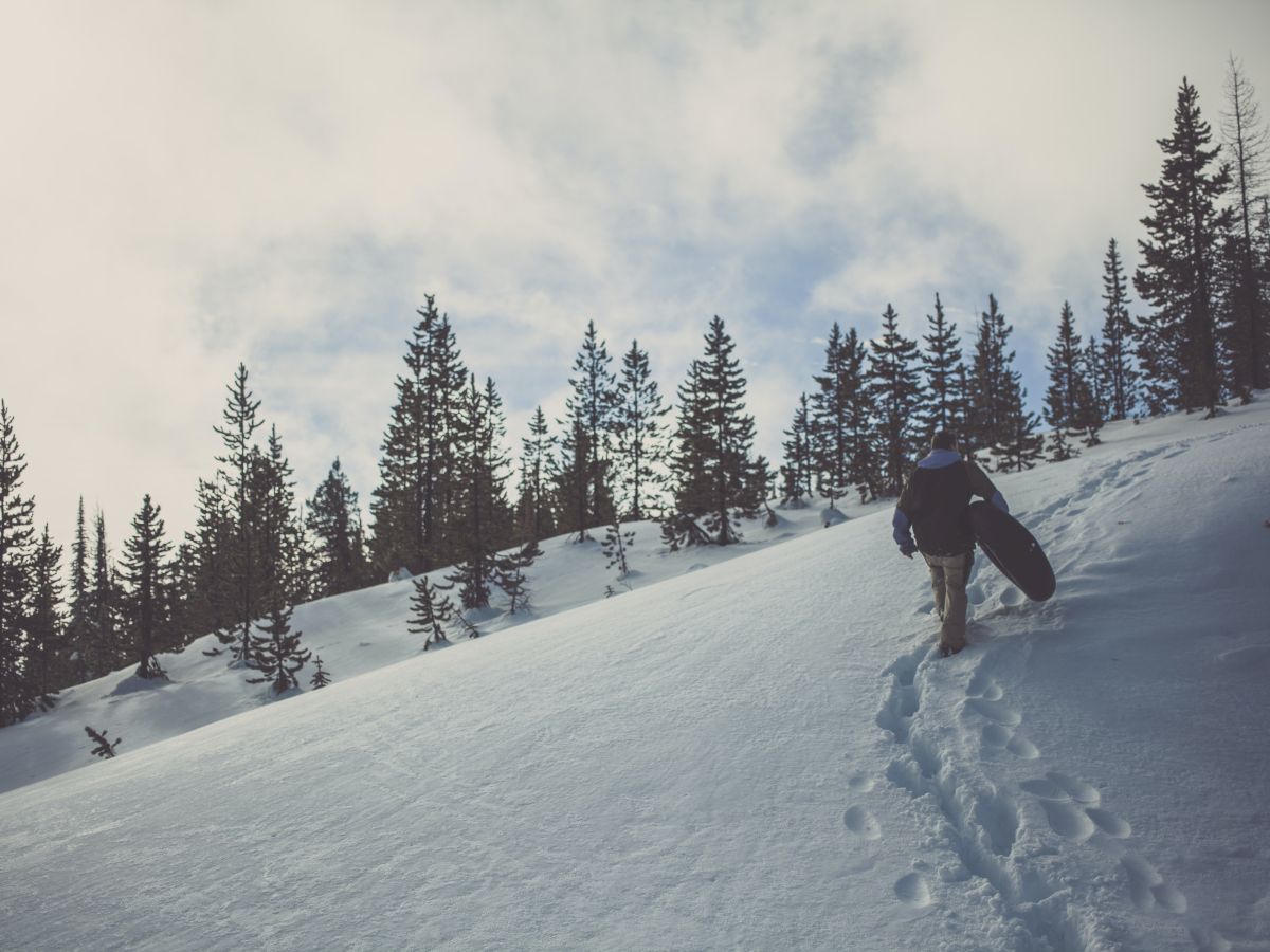 A person is trekking up a snowy hill carrying a snowboard, leaving a trail of footprints, with pine trees in the background and a cloudy sky.