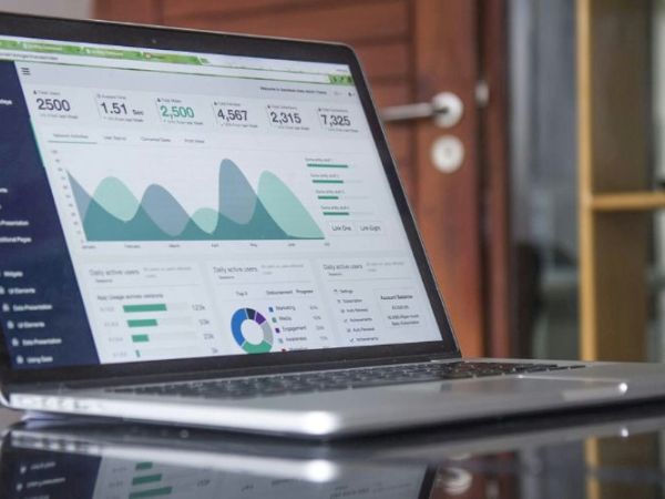 A laptop displaying data analytics dashboard with charts and graphs, showing various metrics in a modern office setting.