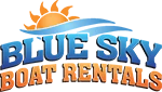 The image shows a logo for "Blue Sky Boat Rentals" with a sun above blue waves, using blue and orange colors.