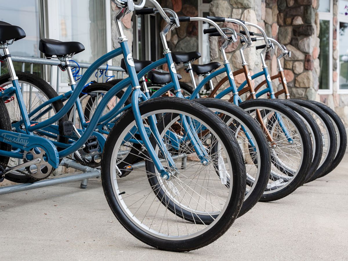 A row of parked blue bicycles with wide handlebars and black tires is lined up against a stone wall on a concrete surface.