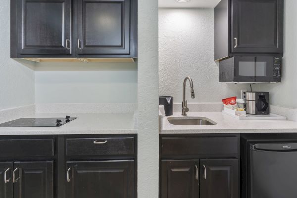 A compact kitchenette with dark cabinets, sink, stovetop, microwave, coffee maker, and small fridge.