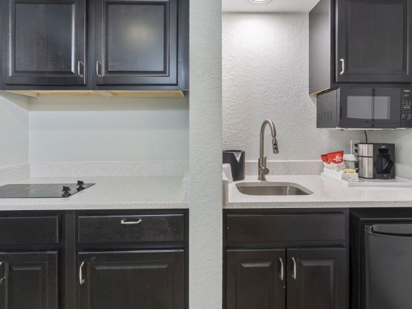 A compact kitchenette with dark cabinets, sink, stovetop, microwave, coffee maker, and small fridge.
