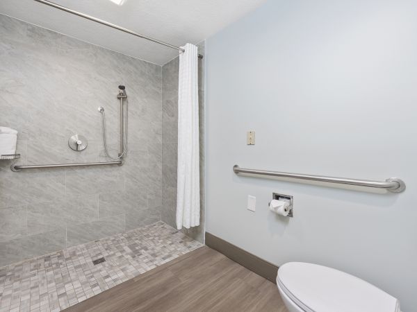 The image shows a bathroom with a walk-in shower, grab bars, a toilet, and a light gray color scheme for accessibility.