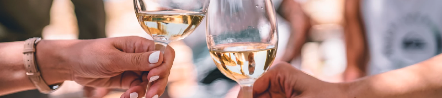 Two people clink wine glasses in a social, outdoor gathering scene, surrounded by casually dressed individuals.
