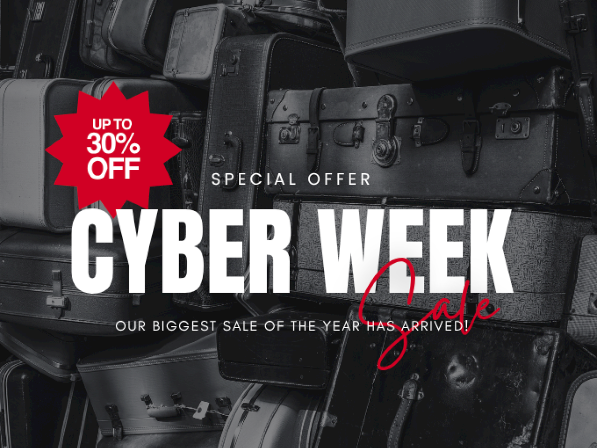 A promotional image for a Cyber Week sale offering up to 30% off, featuring a stack of suitcases.