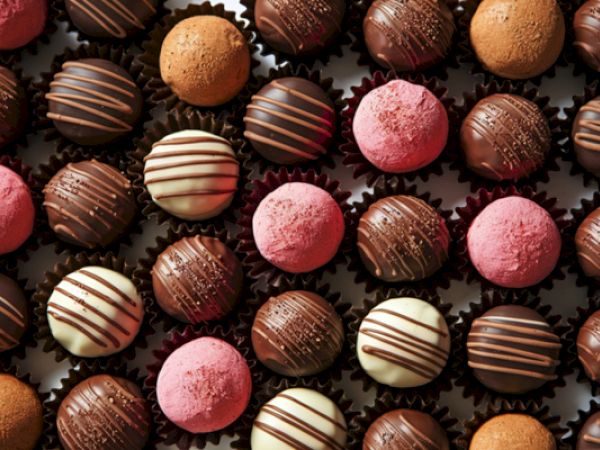 A close-up of assorted chocolate truffles in brown, pink, and white, some drizzled with lines, arranged in a grid-like pattern.