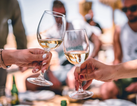 People cheers with wine glasses at a sunny outdoor gathering, hands clinking over a table of drinks and snacks.