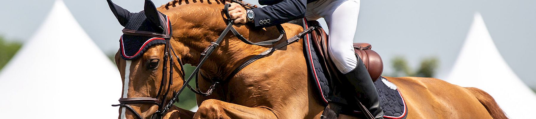 RIder guides a strong horse over a striped jump at a show jumping event, with tents in the background and a cloudy sky.