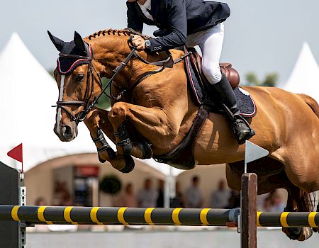RIder guides a strong horse over a striped jump at a show jumping event, with tents in the background and a cloudy sky.