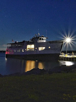 A night scene at a harbor with a dock, a motorboat tied to the pier, bright streetlights reflecting on calm water, and a starry sky.