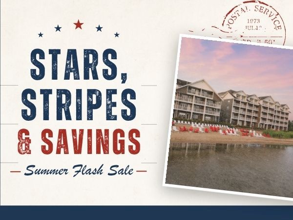 Text reads &ldquo;STARS, STRIPES & SAVINGS&rdquo; with &ldquo;Summer Flash Sale&rdquo; and a photo of a beachside hotel; patriotic theme.