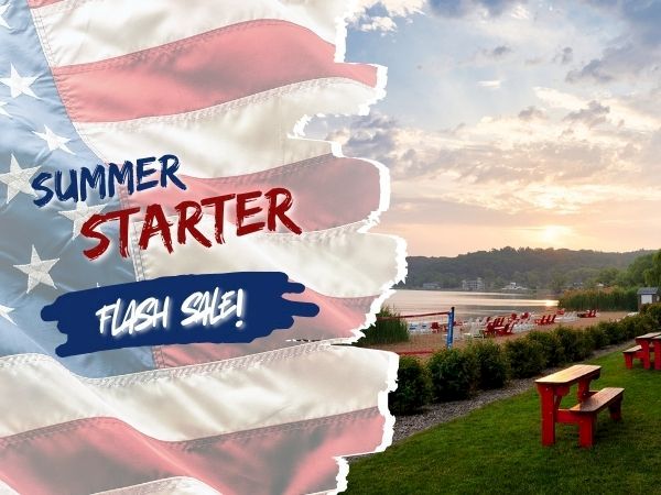 A patriotic summer starter poster with torn American flag design, beach scene, and a &ldquo;Summer Starter&rdquo; splash text at sunset.